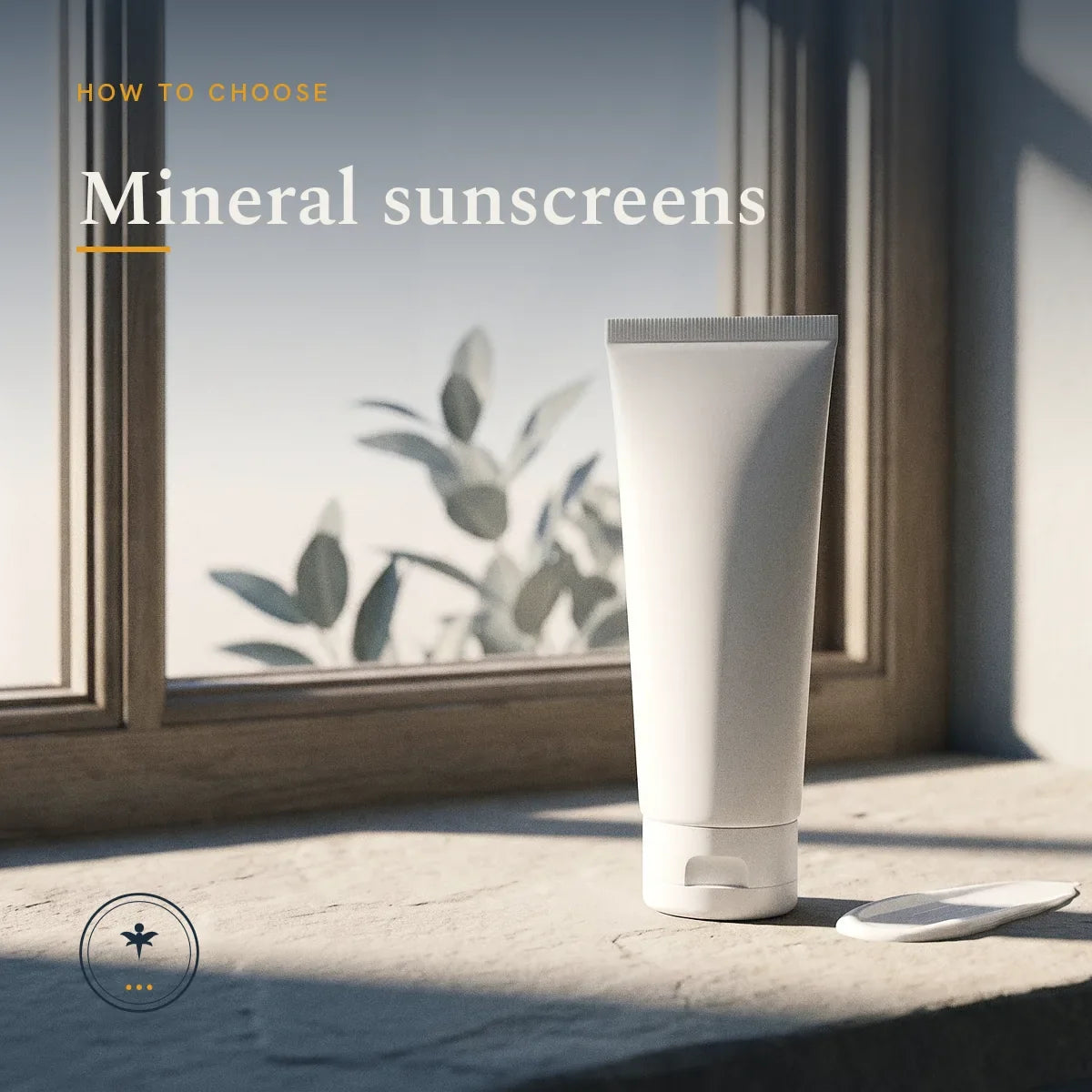 A plain unbranded white sunscreen tube standing on a pale stone windowsill in bright morning light, with a small white applicator beside it and defocused foliage through the window.